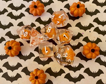 Pumpkin Polyhedrals- 7 pc Polyhedral Dice Set With Tiny Pumpkins Inside