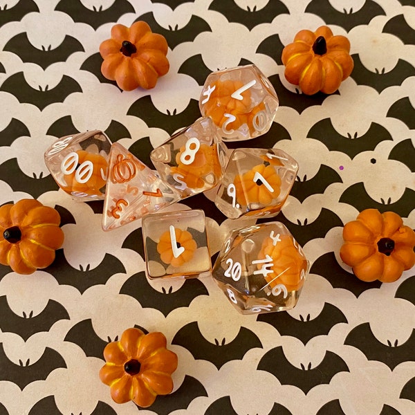 Pumpkin Polyhedrals- 7 pc Polyhedral Dice Set With Tiny Pumpkins Inside