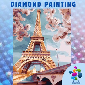 Può includere: Kit di pittura con diamanti raffigurante la Torre Eiffel a Parigi. L'opera presenta la torre in tonalità marroni e beige, con un ponte e alberi in fiore rosa. Il cielo è azzurro.