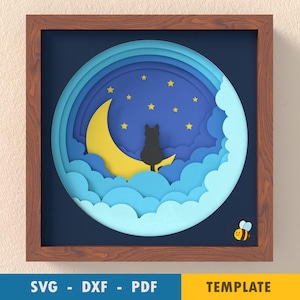 Shadow Box Cat on the Moon SVG Template, Easy Shadowbox, Wall Decor SVG, Cricut cut files, Silhouette cut files