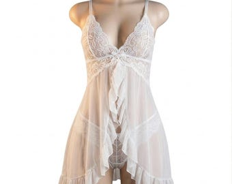 White Lace Babydoll Lingerie Set | Sheer Bridal Nightgown with Ruffled Front and Matching Panty | See Through Wedding Night Lingerie
