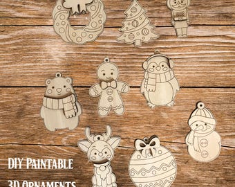 DIY Paintable 3D Weihnachtsornamente - Urlaub Malerei Handwerk |  Kinder Weihnachtsfeier | Weihnachtstraditionen | Holzornament 9er-Set