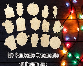 DIY Paintable Weihnachtsornamente - 15 Design Set | Unfertige Holzformen | Kinder Kunsthandwerk | Feiertags-Aktivität | Bemalbare Ornament Rohlinge