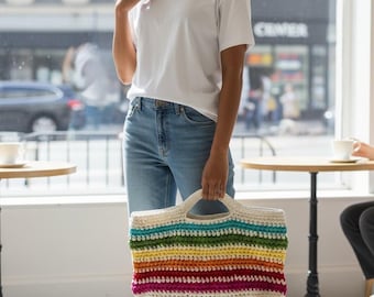 Rainbow Crochet Tote Bag – Handmade Chunky T Shirt Yarn Bag, Large Colorful Crochet Purse with Handles, Eco-Friendly Reusable Shopper Bag