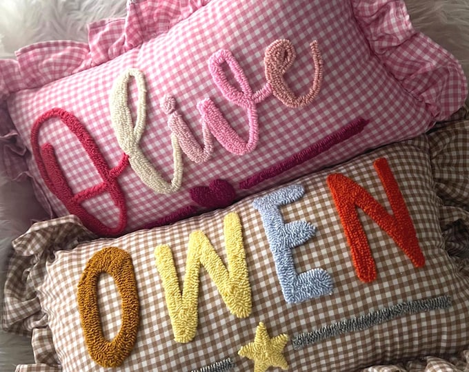 Custom Name Gingham Pillow, Ruffle Kids Pillow, Gingham Bedroom Decor, Preppy Graduation Gift Idea, Bow Pillow, Punch Needle Pillow Gift