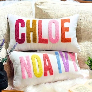 Custom Name Decorative Pillow, Baby Girl Room Decor, Home Decor Punch Needle Pillow, Baby Shower Gift, Gifts for her, Personalized Baby Gift