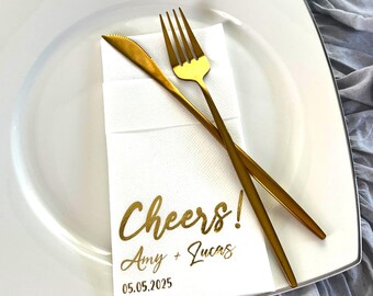 Custom Cheers Wedding Napkins, Gold Foil Napkins, Couple Name Napkins, Wedding Table Decor,  Wedding Reception Essentials, Event Napkins