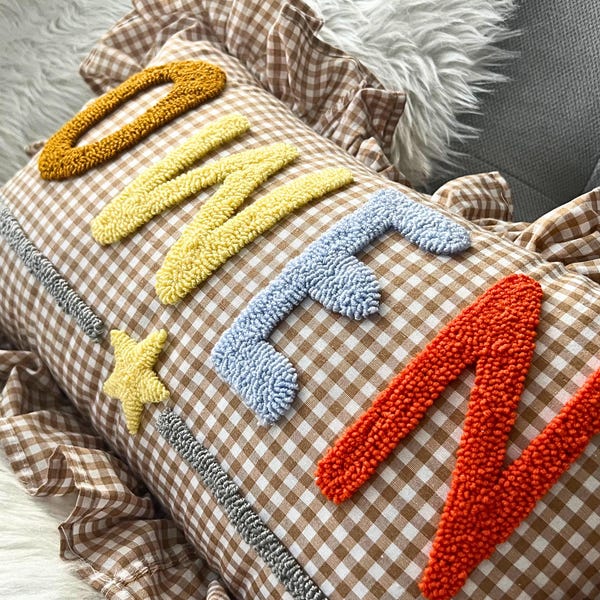 Custom Name Pillow for Boys, Brown Gingham Ruffle Pillow, Baby Name Gift, Nursery Decor, Personalized Toddler Room Accent, Baby Gift