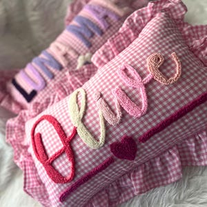 Punch Needle Ruffle Name Pillow, Personalized Baby Gift, Newborn Gift, Custom Graduation Gift, Ruffle Pillow, Pregnancy Reveal,Nursery Decor