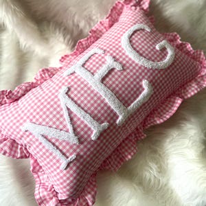 Monogrammed Punch Needle Ruffle Pillow, Custom Name Preppy Girl Gift, Gingham Pillow, College Room Decor, Pregnancy Reveal Gift