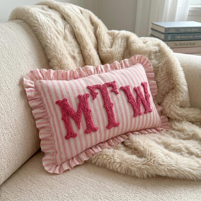 Monogram Striped Punch Needle Pillow, Personalized Graduation Gift, Custom Initial Pillow, College Graduate Gift,Preppy Room Decor image 2
