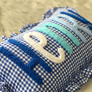 May include: Blue and white gingham pillow with the word "BEACH" embroidered in varying shades of blue and white. The pillow has a ruffled edge and is designed for decorative use.