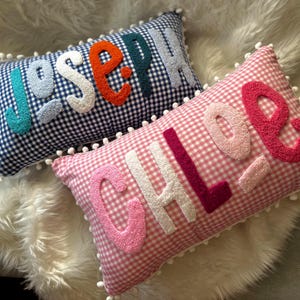 Personalized Name Pillow for Kids, Gingham Nursery Pillow, Custom Punch Needle Name Cushion, Toddler Room Decor, Baby Shower Gift