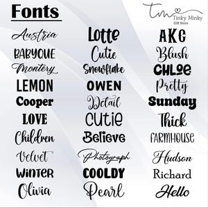 May include: A graphic featuring a variety of font styles in black text. The word "Fonts" is at the top, with font names like "Austria," "Lotte," and "AKG" listed below. The "Tinky Minky Gift Store" logo is in the upper right corner.