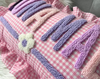 Custom Girl Name Gingham Pillow, Ruffle Trim, Preppy Dorm Decor, Graduation Gift, Holiday Name Pillow, Nursery Name Pillow, Birthday Gift