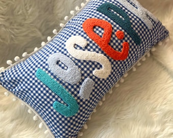 Personalized Baby Name Pillow, Gingham Nursery Decor, Custom Baby Shower Gift, Kids Room Cushion, College Dorm Gift, Punch Needle Decor Gift