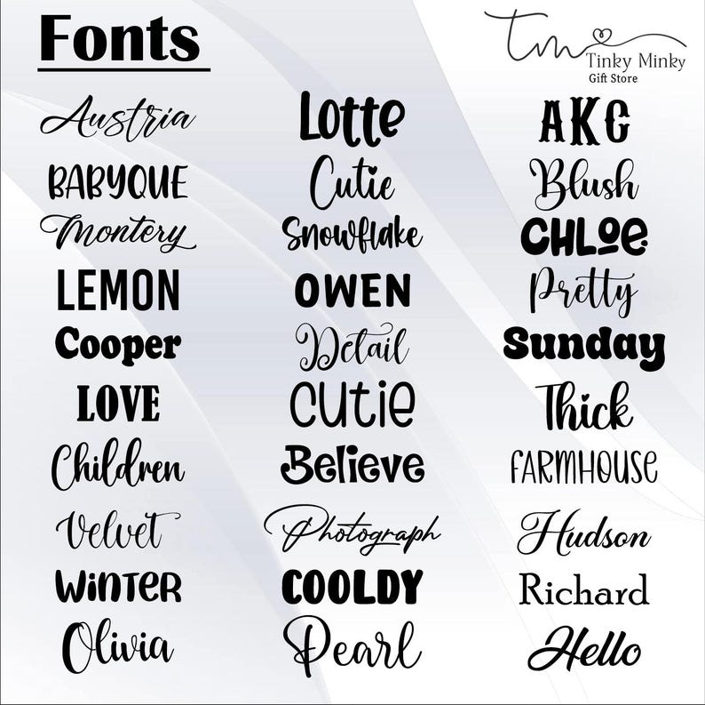K&ouml;nnte beinhalten: Grafik mit verschiedenen Schriftarten in schwarzer Schrift. Das Wort "Fonts" steht oben, mit Schriftnamen wie "Austria", "Lotte" und "AKG" darunter. Das Logo "Tinky Minky Gift Store" befindet sich in der oberen rechten Ecke.