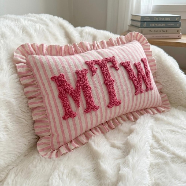 Monogram Striped Punch Needle Pillow, Personalized Graduation Gift, Custom Initial Pillow, College Graduate Gift,Preppy Room Decor image 5