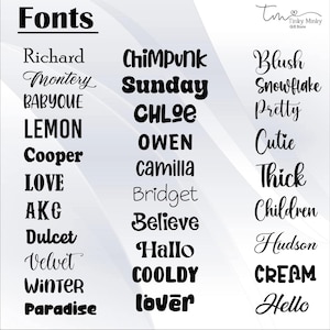 May include: A graphic showcasing a variety of font styles in black text. The word "Fonts" is at the top, with examples like "Richard," "Sunday," and "Blush." The image includes the "Tinky Minky Gift Store" logo.