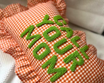 Custom Punch Needle Call Your Mom Pillow, Gingham Ruffle Cushion, Long Distance Gift, Dorm Room Decor, Graduation Gift, Preppy Name Pillow