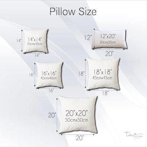 May include: Pillow size chart with four different pillow sizes. The sizes are 14"x14", 16"x16", 18"x18", and 20"x20". Each pillow size is shown with the corresponding measurements in inches and centimeters.