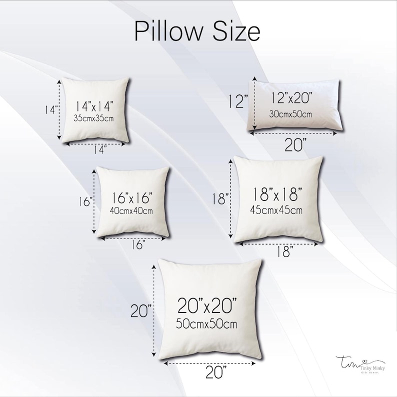 May include: Pillow size chart with four different pillow sizes. The sizes are 14"x14", 16"x16", 18"x18", and 20"x20". Each pillow size is shown with the corresponding measurements in inches and centimeters.