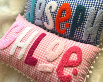 Custom Gingham Baby Name Pillow, Embroidered Checkered Nursery Pillow, Personalized Kids Room Decor, Toddler Bedding, Newborn Gift