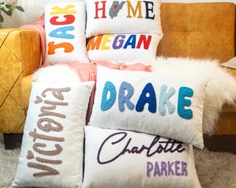 Punch Needle Name Pillow, Gift For New Mom, Custom Name Pillow, Baby Shower Gift Idea, Playroom Decor, Birthday Gift, Customizable Pillow