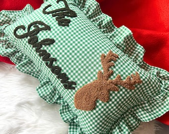 Personalized Family Name Pillow,  Reindeer Decor, Green Gingham Punch Needle Pillow, Cozy Xmas Living Room Accent, Holiday Gift for Her