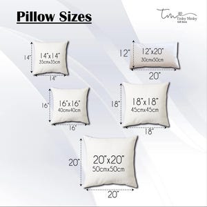 May include: Image showing various pillow sizes: 14x14 inches, 16x16 inches, 18x18 inches, 12x20 inches, and 20x20 inches. Each pillow size is labeled with its dimensions in inches and centimeters. The text "Pillow Sizes" is at the top.