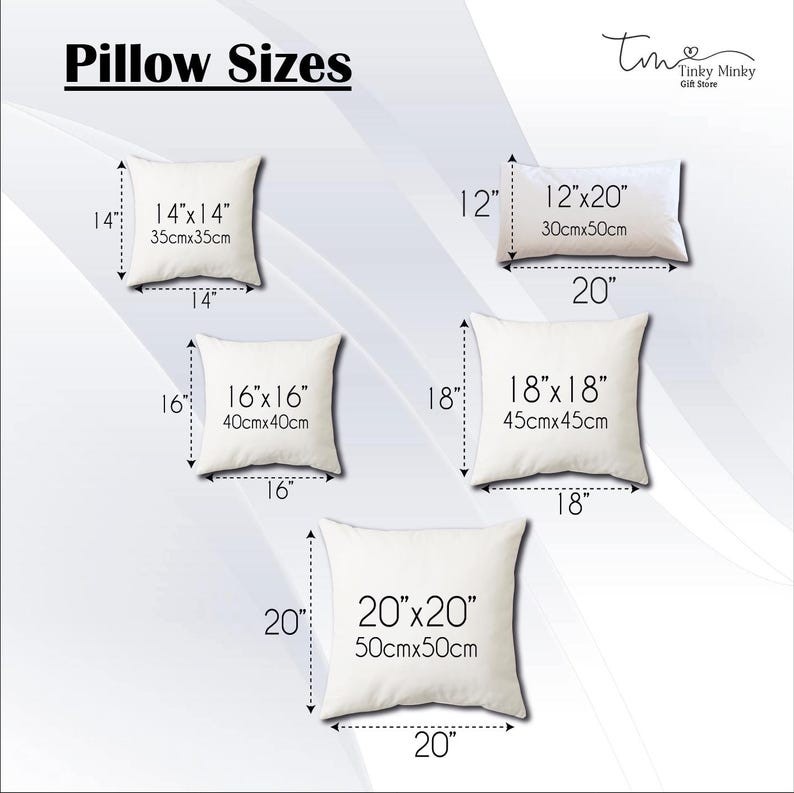 May include: Image showing various pillow sizes: 14x14 inches, 16x16 inches, 18x18 inches, 12x20 inches, and 20x20 inches. Each pillow size is labeled with its dimensions in inches and centimeters. The text "Pillow Sizes" is at the top.