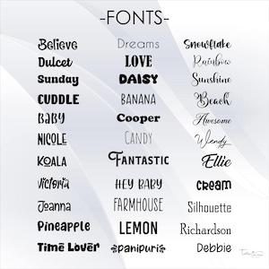 May include: A collection of different fonts displayed in a grid format. The fonts are all in black and are arranged in alphabetical order. The words include "Believe", "Dreams", "Snowflake", "Dulcet", "LOVE", "Rainbow", "Sunday", "DAISY", "Sunshine", "CUDDLE", "BANANA", "Beach", "BABY", "Cooper", "Awesome", "NICOLE", "CANDY", "Wendy", "KOALA", "FANTASTIC", "Ellie", "Victoria", "HEY BABY", "cream", "Joanna", "FARMHOUSE", "Silhouette", "Pineapple", "LEMON", "Richardson", "Time Lover", "panipuri", and "Debbie".