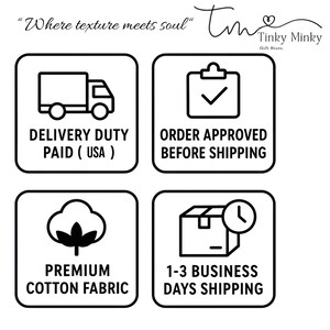 May include: A graphic with the text "Where texture meets soul" and the logo for Tinky Minky Gift Store. The graphic includes icons for delivery, order approval, premium cotton fabric, and shipping.