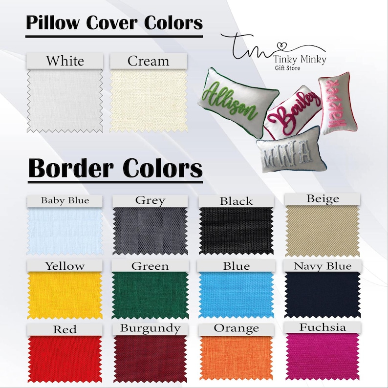 May include: Image showcasing pillow cover and border color options. Includes white and cream pillow cover swatches. Border color swatches in baby blue, grey, black, beige, yellow, green, blue, navy blue, red, burgundy, orange, and fuchsia.