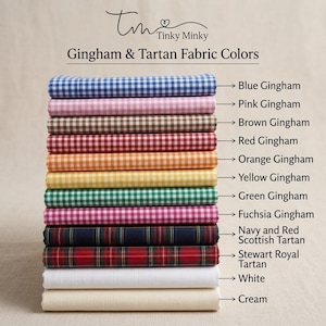 May include: A stack of fabric rolls in various colors, including blue, pink, brown, red, orange, yellow, green, fuchsia, navy and red tartan, Stewart Royal tartan, white, and cream. The image is labeled "Gingham & Tartan Fabric Colors" by Tinky Minky.