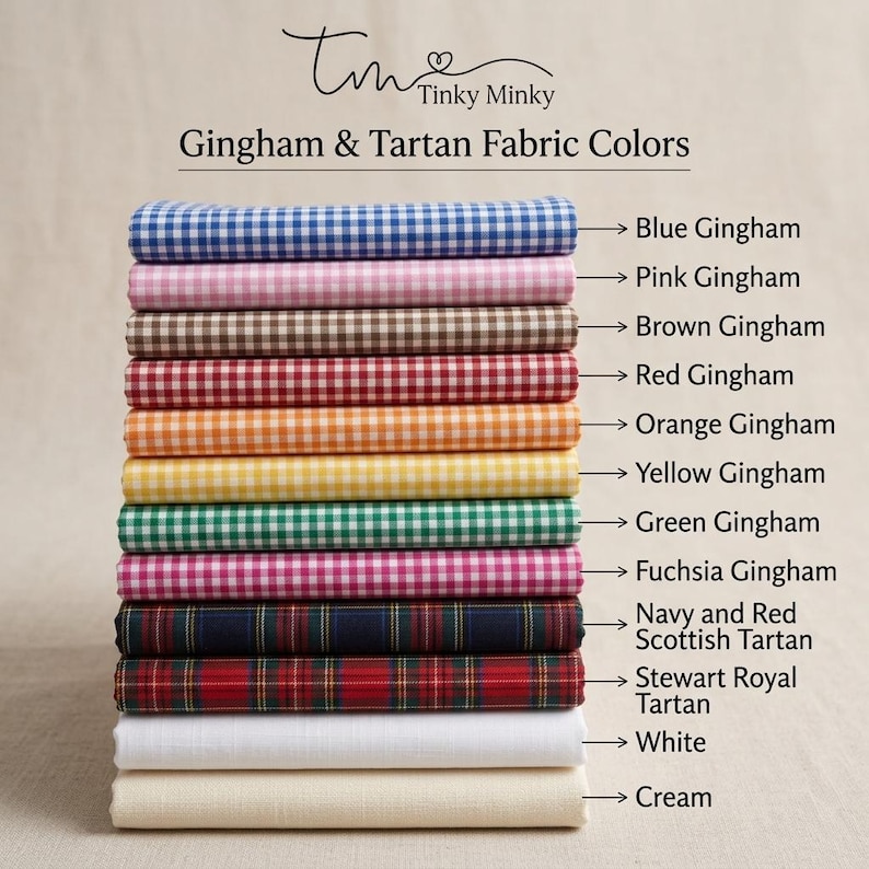 May include: A stack of fabric rolls in various colors, including blue, pink, brown, red, orange, yellow, green, fuchsia, navy and red tartan, Stewart Royal tartan, white, and cream. The image is labeled "Gingham & Tartan Fabric Colors" by Tinky Minky.