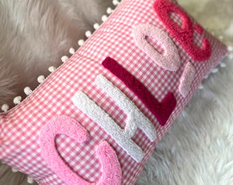 Personalized Name Pillow for Kids, Gingham Nursery Pillow, Custom Punch Needle Name Cushion, Toddler Room Decor, Baby Shower Gift