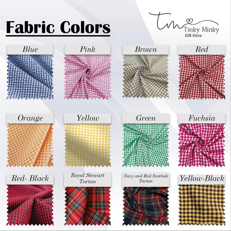May include: A display of fabric swatches in various colors, including blue, pink, brown, red, orange, yellow, green, fuchsia, red-black, Royal Stewart tartan, Navy and Red Scottish tartan, and yellow-black. The text "Fabric Colors" is at the top.
