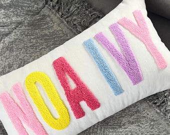 Personalized Punch Needle Colorful Baby Pillow, Nursery Decor, Unique Pregnancy Gift, Reversible Baby Pillow, Baby Room Accent Pillow