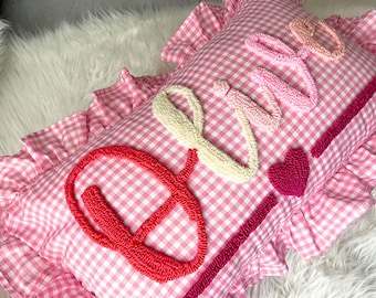 Punch Needle Name Embroidered Pillow, Preppy Room Decor, Newborn Girl Gift, Pink Ruffle Pillow, Gingham Name Pillow, Graduation Gift