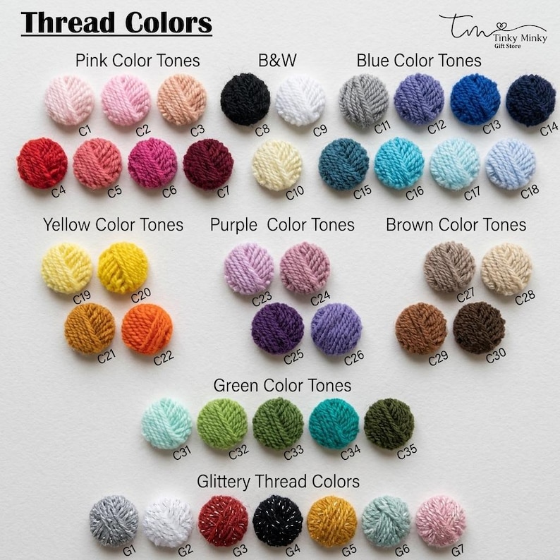 May include: A color chart of thread samples, showcasing a variety of hues. The image is organized by color families, including pink, blue, yellow, purple, brown, and green. Glittery thread colors are also displayed. Text at the top reads "Thread Colors."