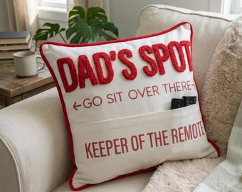 Custom Dads Spot Pocket Pillow: Personalized Father's Day Gift, Punch Needle Remote Holder Pillow, Gift for Dad, Grandpa Throw Pillow