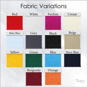 May include: A chart showing fabric swatches in various colors, including red, white, fuchsia, cream, baby blue, grey, black, beige, yellow, green, blue, navy blue, burgundy, and orange.