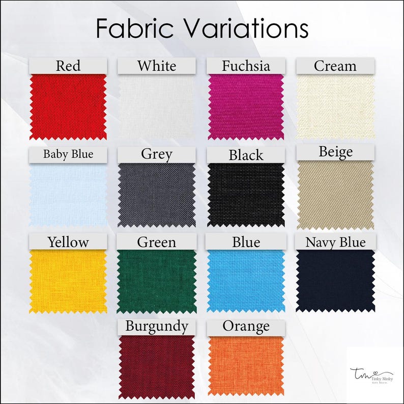 May include: A chart showing fabric swatches in various colors, including red, white, fuchsia, cream, baby blue, grey, black, beige, yellow, green, blue, navy blue, burgundy, and orange.