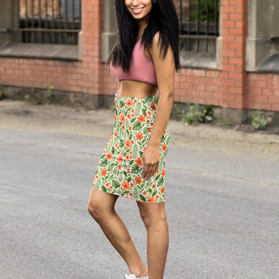 Tropical Floral Pencil Skirt: Mid-waist Slim Fit Summer Vacation