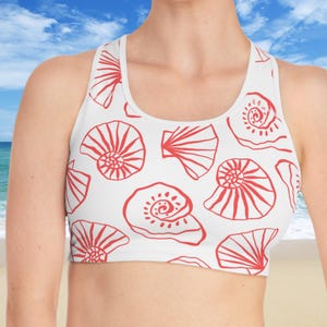 Seashell Pattern Sports Bra, Tropical Design Activewear, Trendy workout Gear, Yoga Top, Athletic Bra, Summer Fitness Apparel, Gift For Her