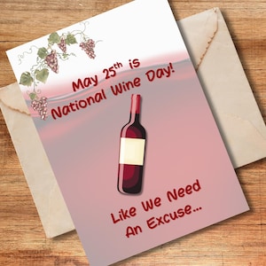 Cartes drôles de Journée nationale du vin. Ces six cartes sont à télécharger et à imprimer instantanément. Cartes pour amateurs de vin | Cadeau impertinent, coquin, humour pour adulte