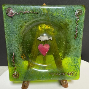 Trinket Dish Fish and Heart Eclectic Fused Glass Decorative Catchall Tray Signed