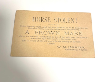 Postal Card - Antique 1880s Stolen Horse Reward Notice – Harrisonburg Virginia