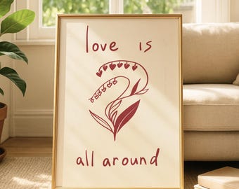El amor está en todas partes. Lámina imprimible con tipografía moderna. Arte de pared minimalista para dormitorio. Decoración para dormitorio con personas diminutas. Regalo neutro.